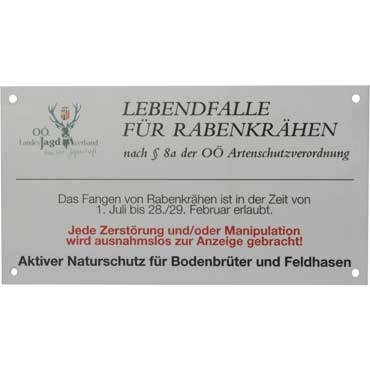 Schild Lebendfalle fr Rabenkrhen