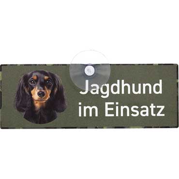 WILDE HILDE Autoschild mit Saugnapf ''Langhaardackel schwarz-braun''